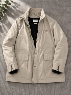 Men's Beige Utility Puffer Jacket with Multiple Pockets